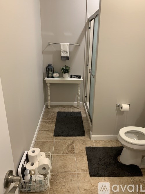 A bathroom with a toilet, a small table with a plant, and a basket of toilet paper.