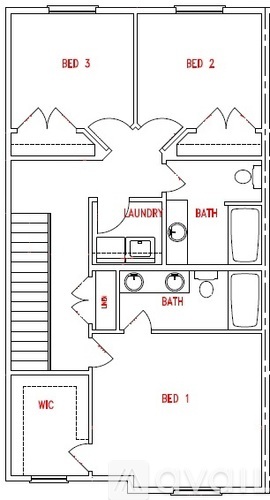A floor plan of a small apartment with three bedrooms and a laundry room.
