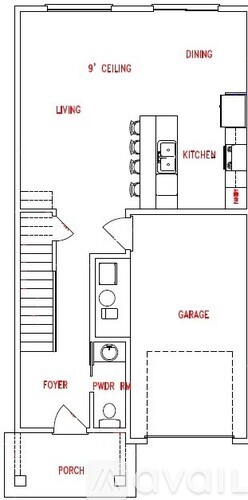 A floor plan of a house with a living room, dining room, kitchen, garage, and a foyer with a porch.