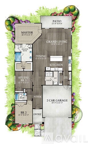 A floor plan of a house with a master bedroom suite, a study, a dining area, a kitchen, a grand living room, a 2 car garage, and a patio.