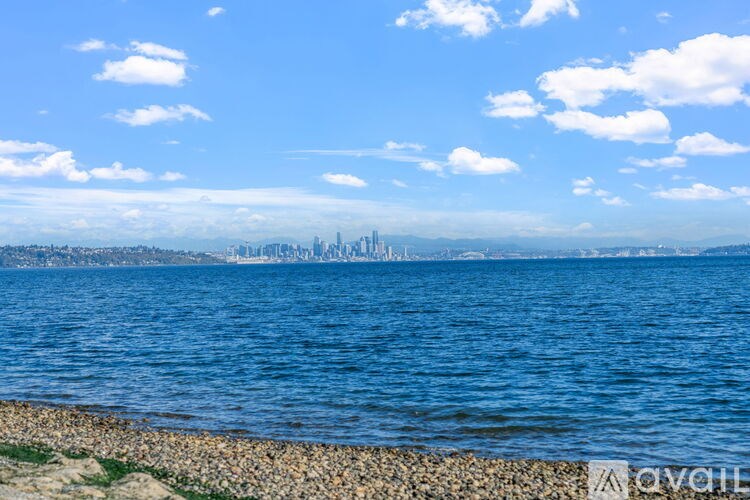 A city skyline is visible in the distance across the water.