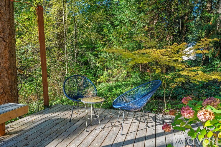 A wooden deck with two chairs and a table in a lush green forest.