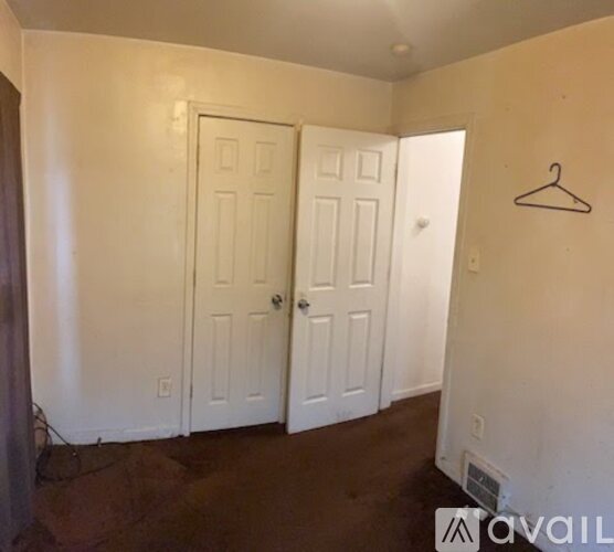 A room with two doors and a hanger on the wall.