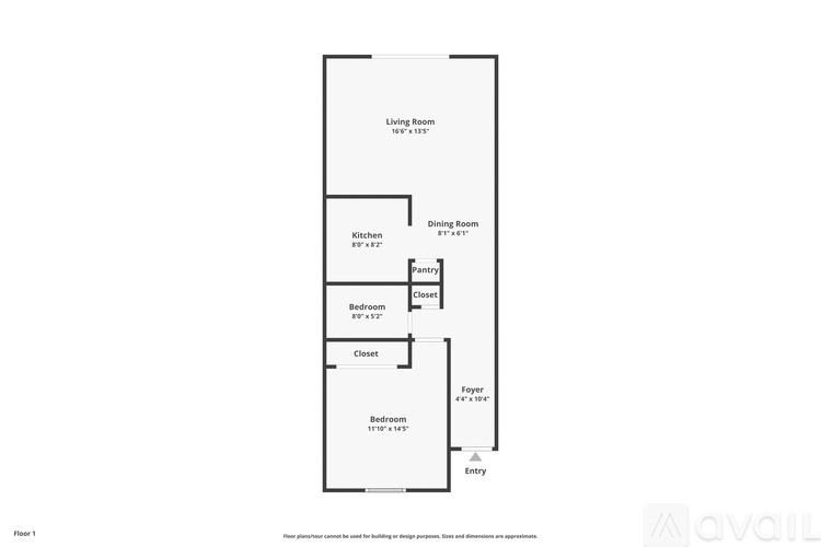 A floor plan of a house with a kitchen, dining room, two bedrooms and an entry.