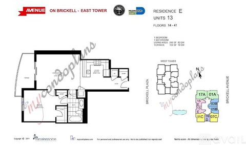 A floor plan for a residence on Brickell East Tower showing the layout of the rooms.