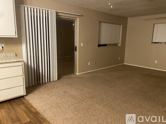 A room with a carpeted floor, a white dresser, and a sliding door.