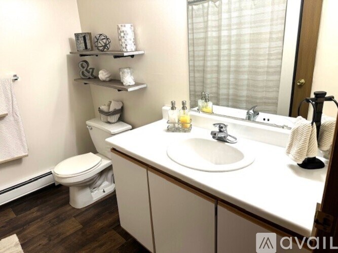 A bathroom with a toilet, sink, and shelves above the toilet.