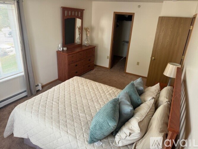 A bedroom with a bed, dresser, and mirror.