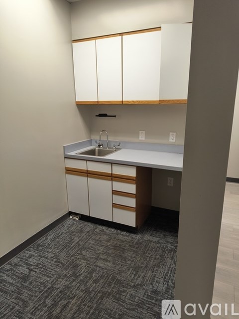 A small kitchenette with a sink and cabinets.