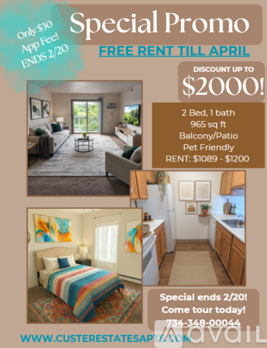 A flyer for Custer Estates advertising a rent-to-own option for a 960 sq ft apartment at 1701-23 Mall road Monroe MI 48162.