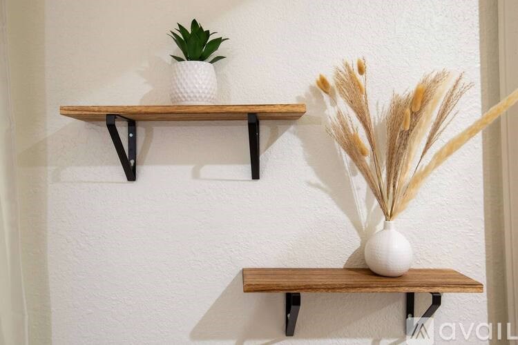 Two shelves with a plant and a vase on them.