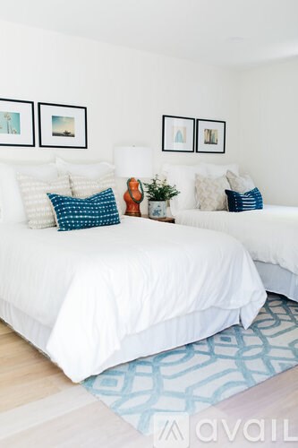 A bedroom with two beds and a rug.