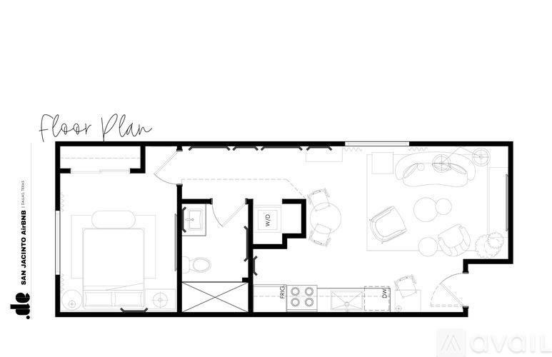 A floor plan of a house with a kitchen, living room, and bathrooms.