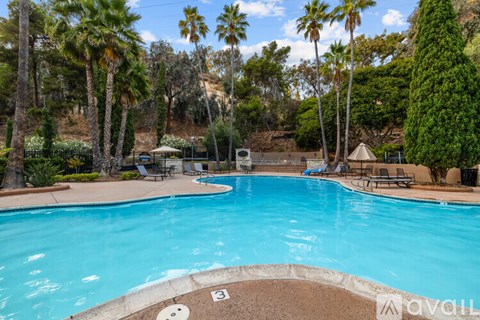 A large swimming pool surrounded by palm trees and a mountain in the background.