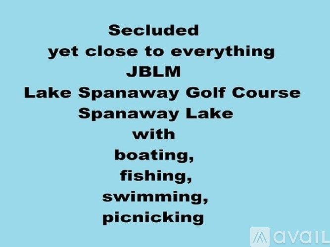 A blue background with white text lists activities and locations such as boating, fishing, swimming, picnicking, Lake Spanaway Golf Course, and Spanaway Lake.