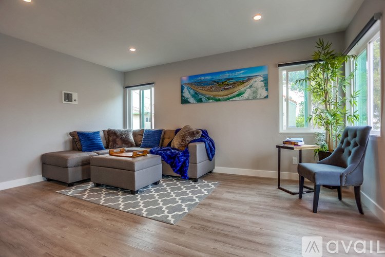 A living room with a grey sofa, a blue blanket, a painting, a plant, and a wooden floor.
