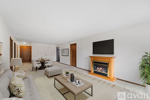 A living room with a fireplace and a television mounted on the wall.