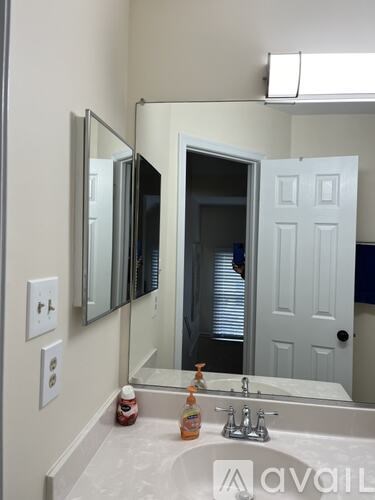 A bathroom with a sink, mirror, and a white door.