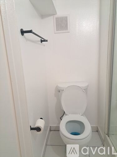 A white toilet in a small bathroom with a roll of toilet paper on the wall.