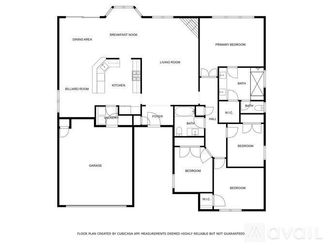 A floor plan of a house with labeled rooms such as a garage, kitchen, and living room.