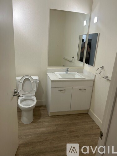 A white toilet is in a bathroom with a sink and mirror.