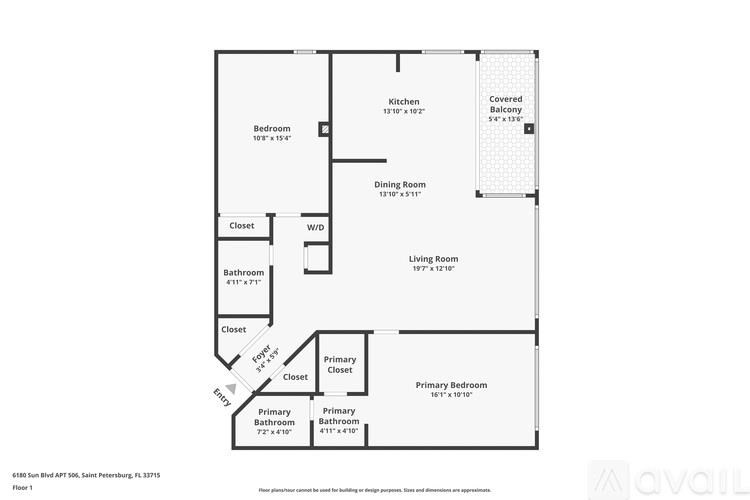 A floor plan of a one bedroom apartment in Saint Petersburg, FL.