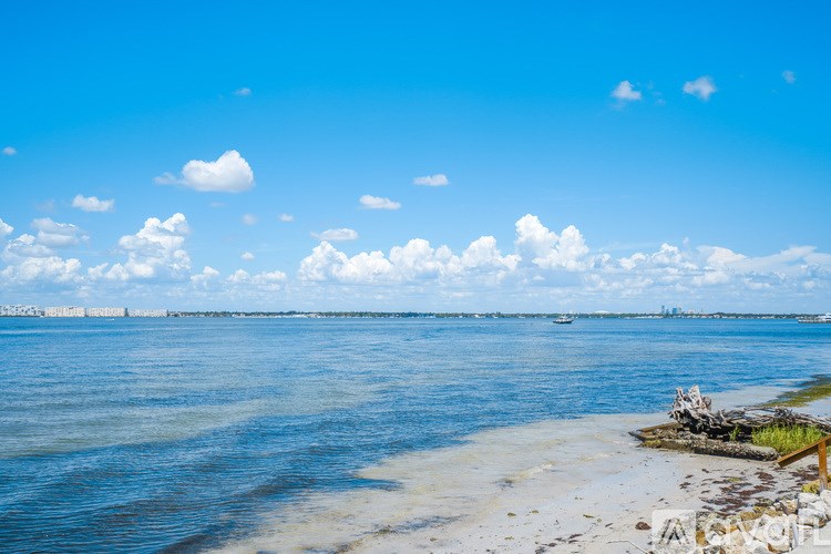A beach with a clear blue sky and some clouds.
