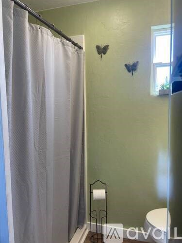 A bathroom with a white shower curtain and a white toilet.