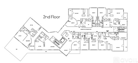 A floor plan of a two-story building with various rooms labeled.