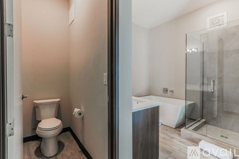 A bathroom with a toilet and a walk-in shower.