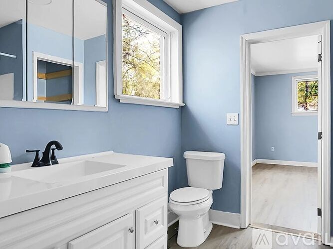A white toilet sits in a bathroom with blue walls.
