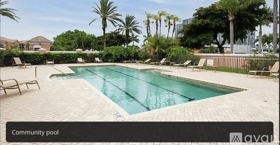 A community pool surrounded by palm trees and lounge chairs.