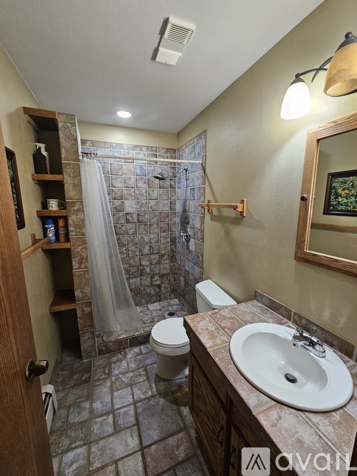 A bathroom with a toilet, sink, and shower.