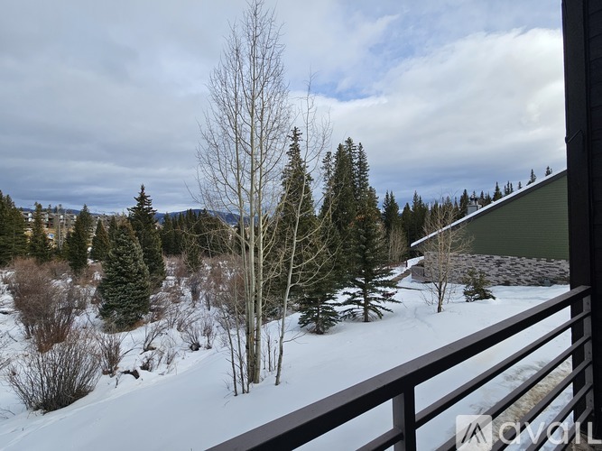A snowy landscape with trees and a mountain in the distance.