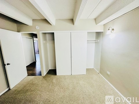 A room with white cupboards and a carpeted floor.
