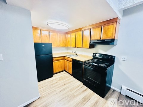 A kitchen with black appliances and wooden cabinets.