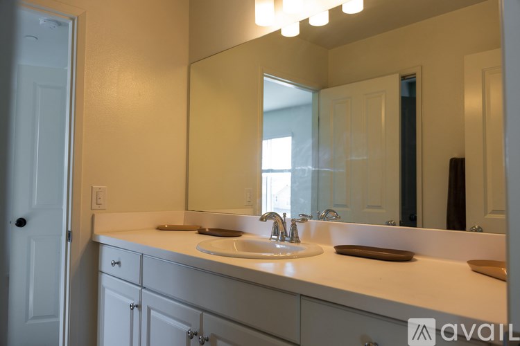A bathroom with a white countertop and a large mirror above the sink.