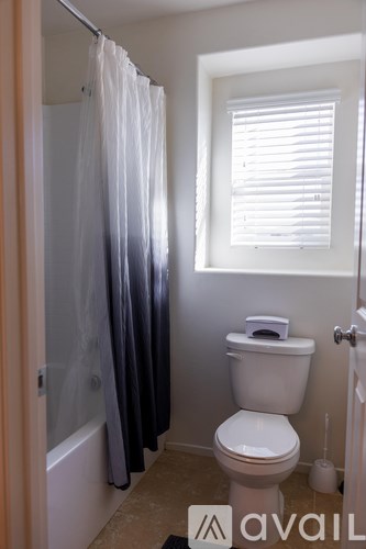 A bathroom with a toilet, a shower curtain, and a window.