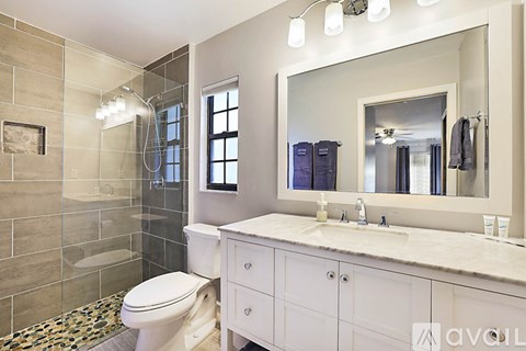 A bathroom with a toilet, sink, and mirror.