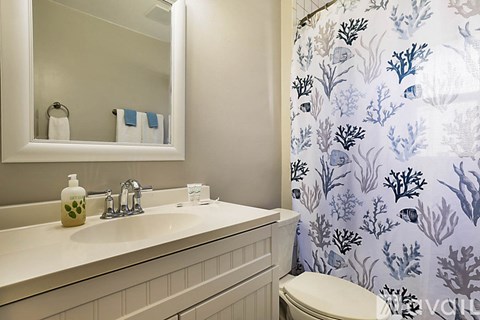 A bathroom with a white counter top and a shower curtain with a blue and white pattern.