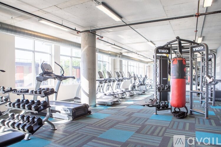A gym with a variety of equipment including a punching bag.