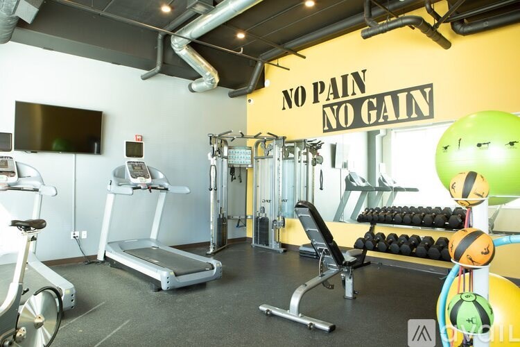 A gym with a yellow wall that says "No Pain, No Gain".