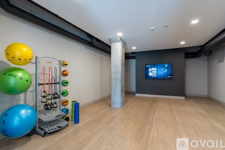 A room with a balloon, a ball, and a TV.