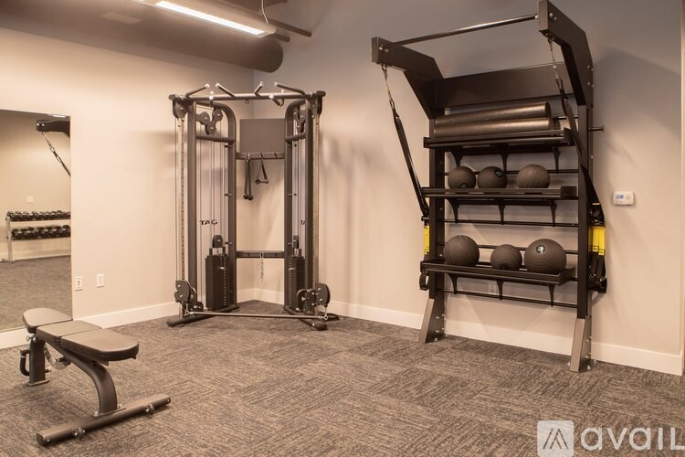 A gym with a weight bench, a squat rack, a leg press machine, and a rack of dumbbells.