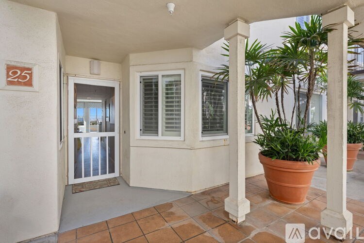 A balcony with a door, two windows, and potted plants.