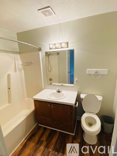 A small bathroom with a toilet, sink, and shower.