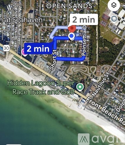 A map shows a route from Open Sands to Hidden Lagoon Super Race Track and Golf.