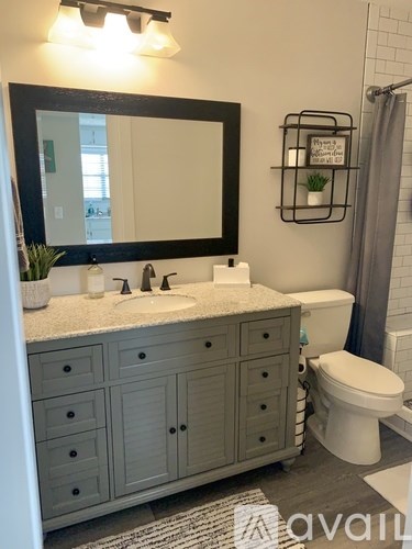 A bathroom with a sink, toilet, and a mirror.