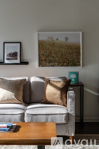 A grey couch with a brown pillow and a picture frame on the wall.