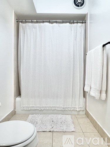 A white bathroom with a toilet, a shower curtain, and a towel.